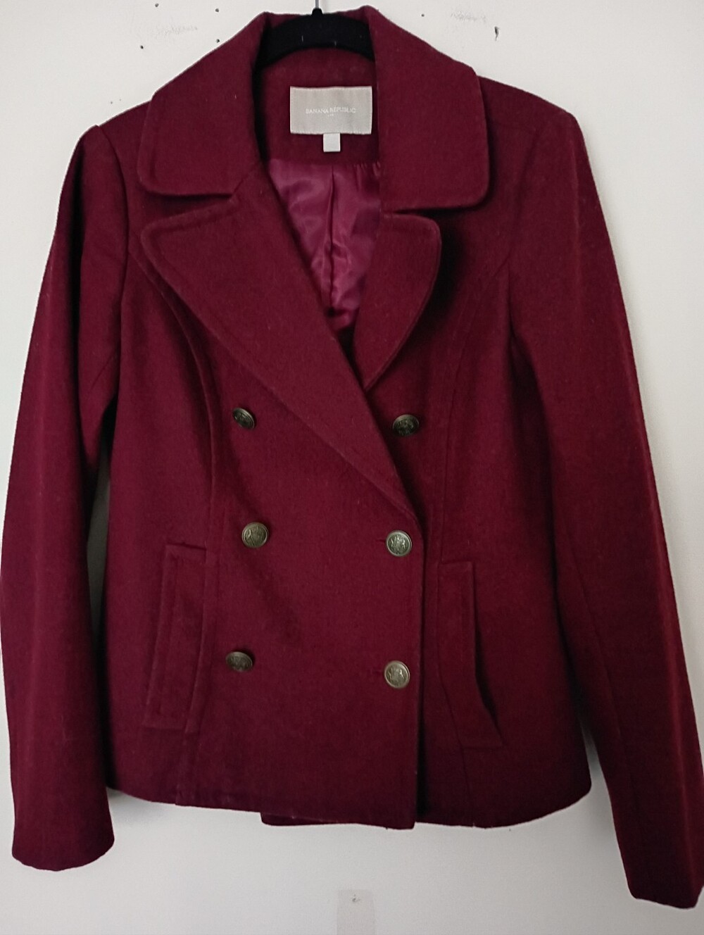 Banana Republic Burgundy Wool Blend Double Breasted Shorter Pea Coat Size Small